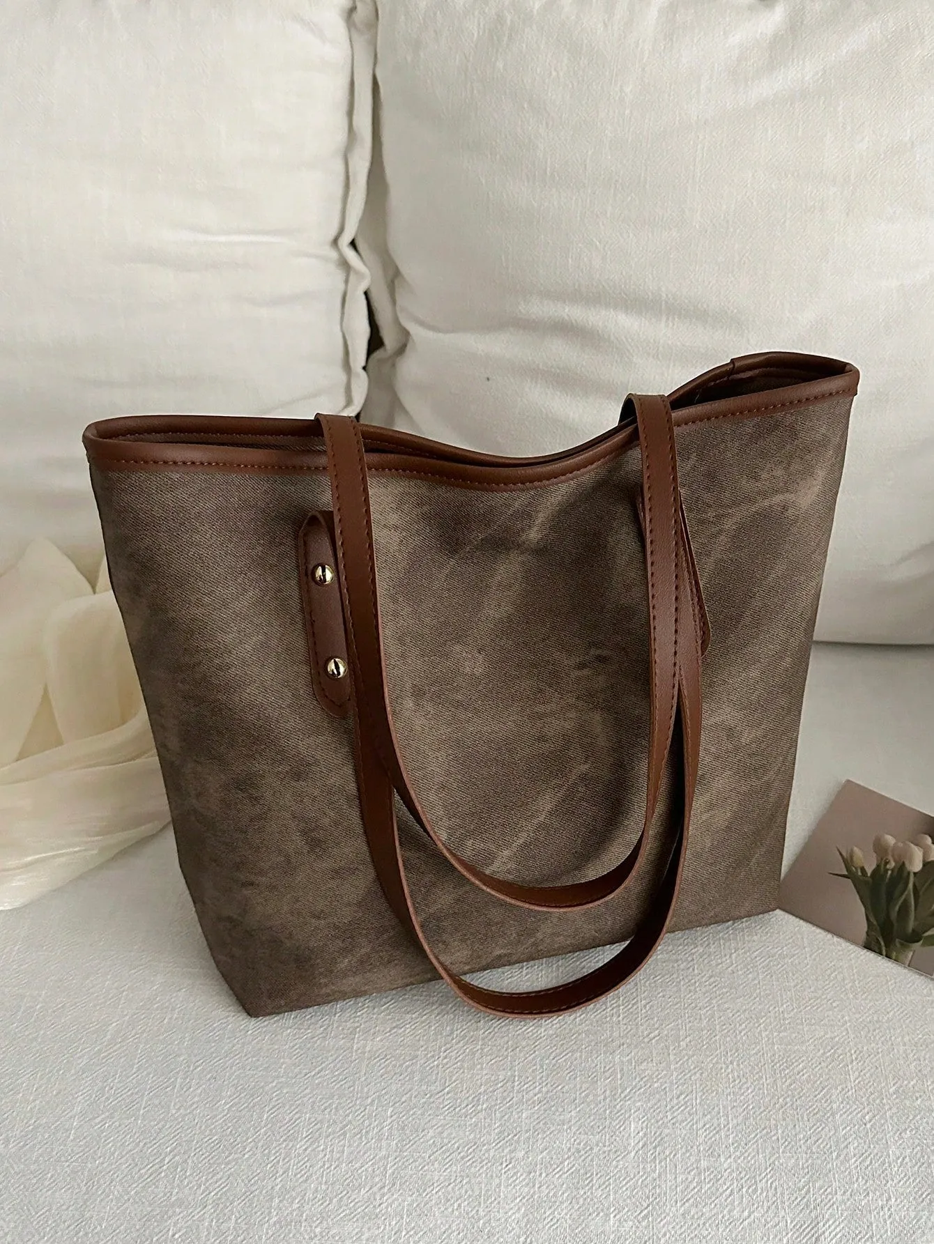 1pc Simple Black Nylon Butterfly Print Rivet Decor Large Capacity Tote Shoulder Handbag For Women