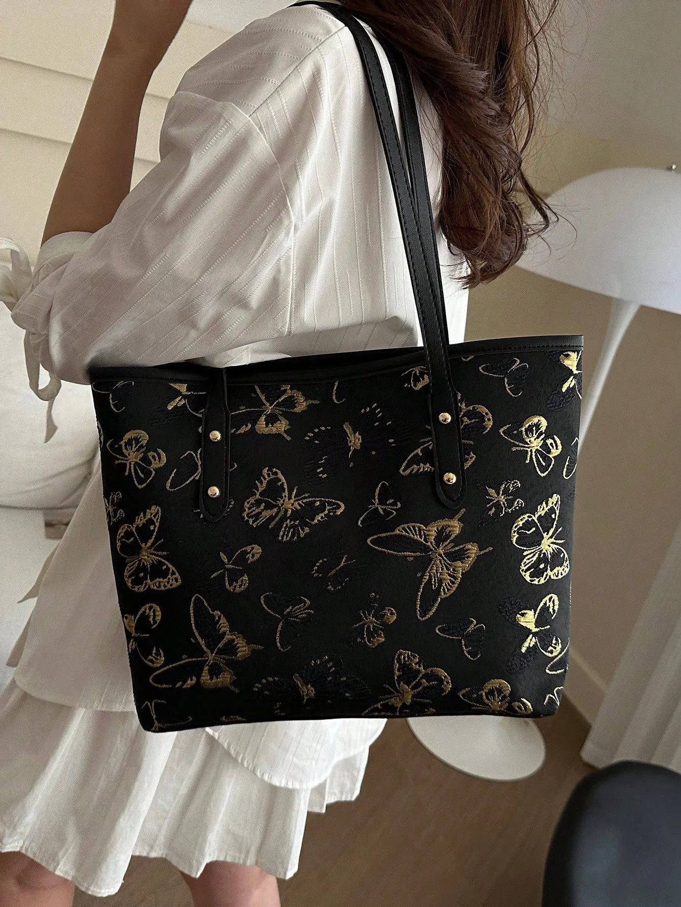 1pc Simple Black Nylon Butterfly Print Rivet Decor Large Capacity Tote Shoulder Handbag For Women