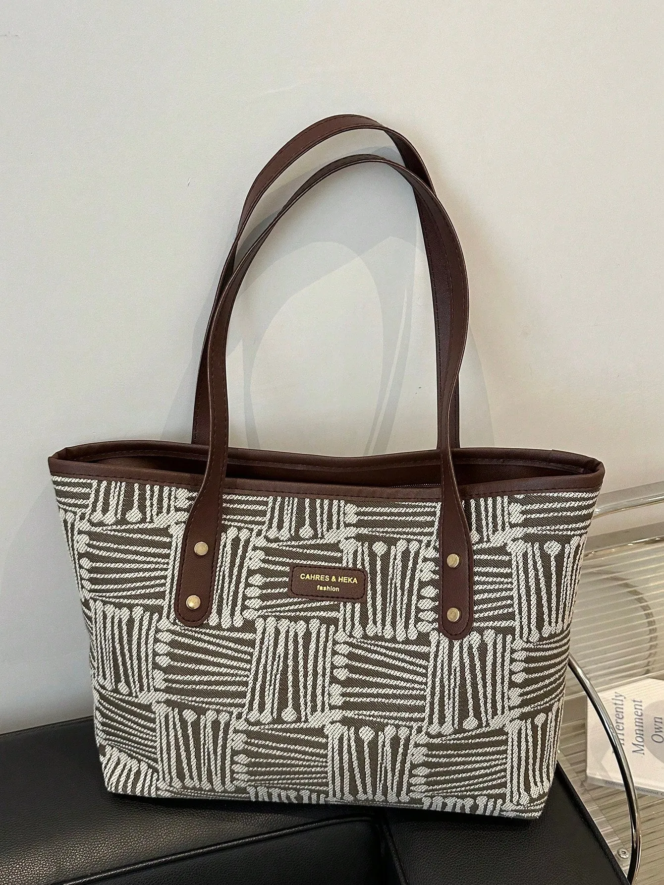 1pc Simple Black Nylon Butterfly Print Rivet Decor Large Capacity Tote Shoulder Handbag For Women
