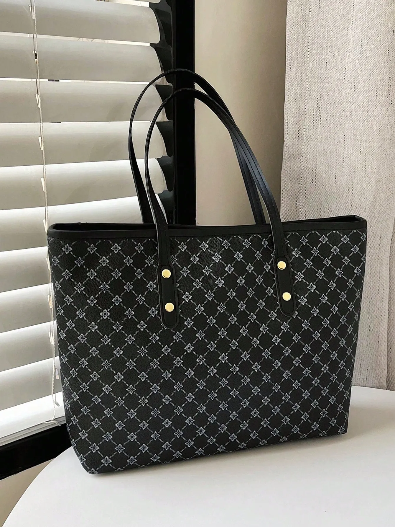 1pc Simple Black Nylon Butterfly Print Rivet Decor Large Capacity Tote Shoulder Handbag For Women