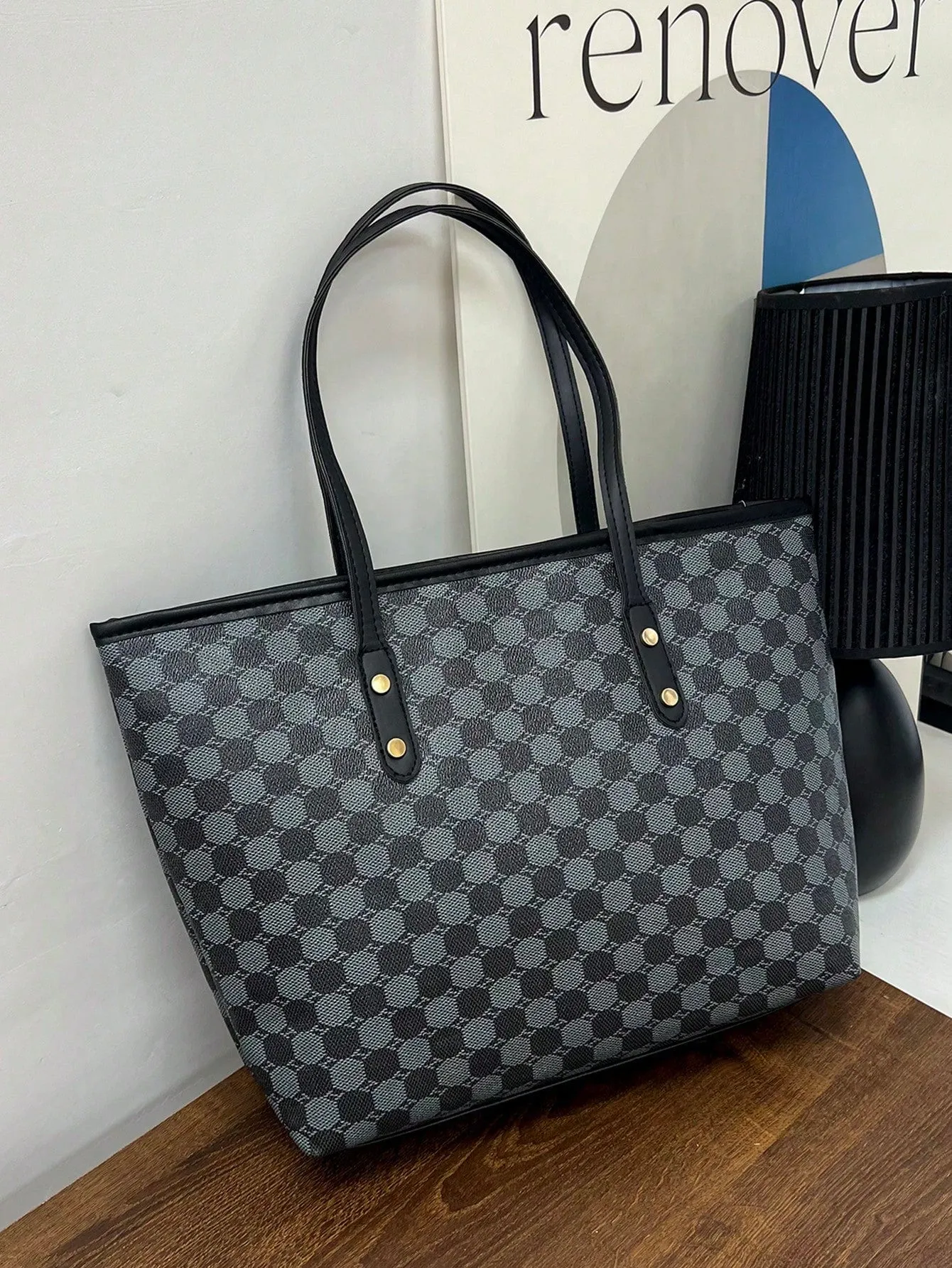 1pc Simple Black Nylon Butterfly Print Rivet Decor Large Capacity Tote Shoulder Handbag For Women