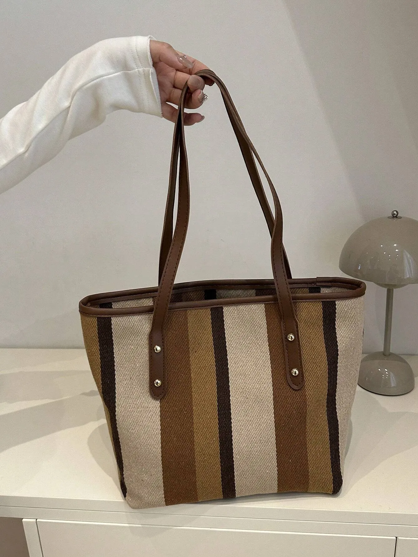 1pc Simple Black Nylon Butterfly Print Rivet Decor Large Capacity Tote Shoulder Handbag For Women