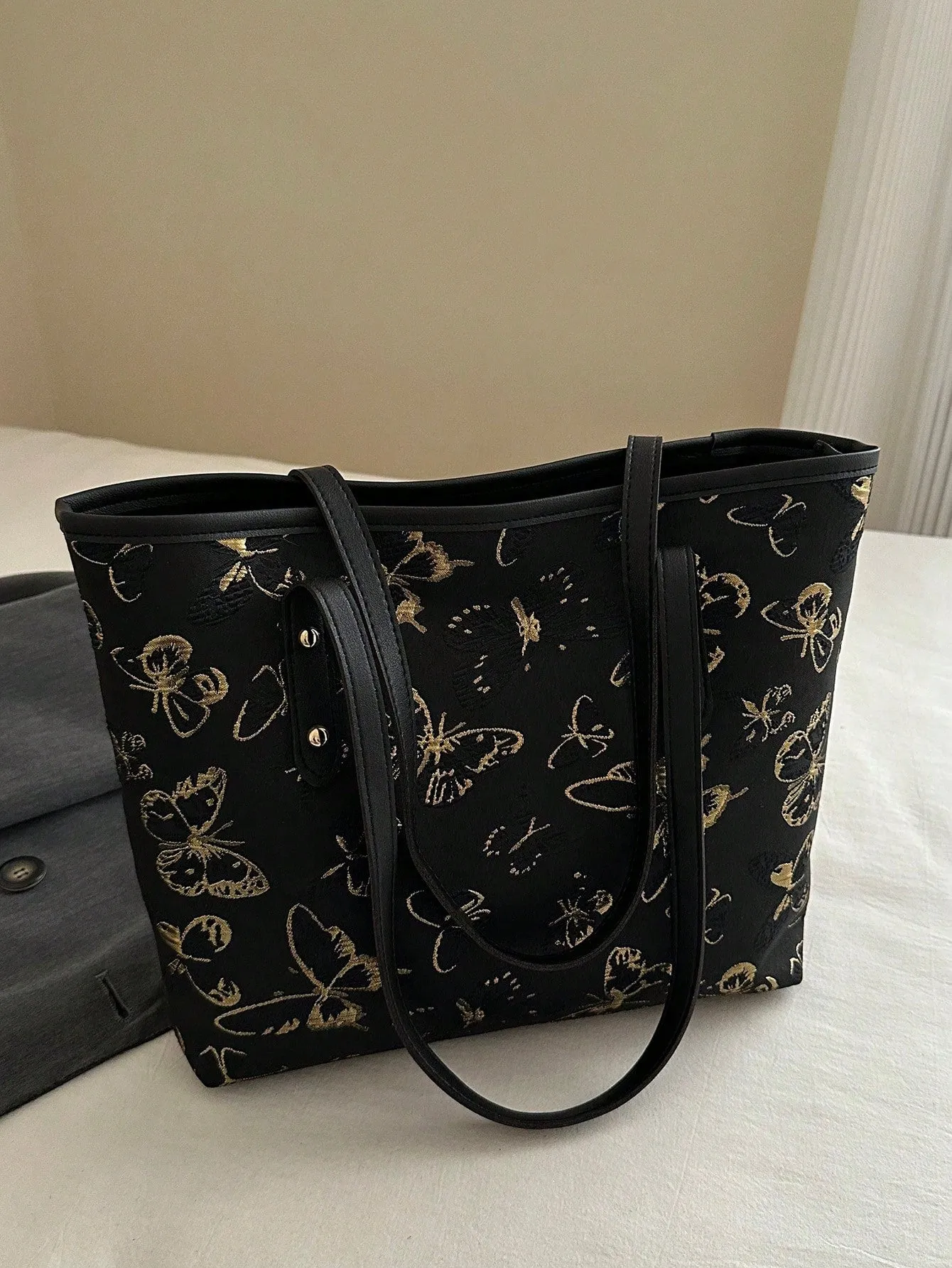 1pc Simple Black Nylon Butterfly Print Rivet Decor Large Capacity Tote Shoulder Handbag For Women