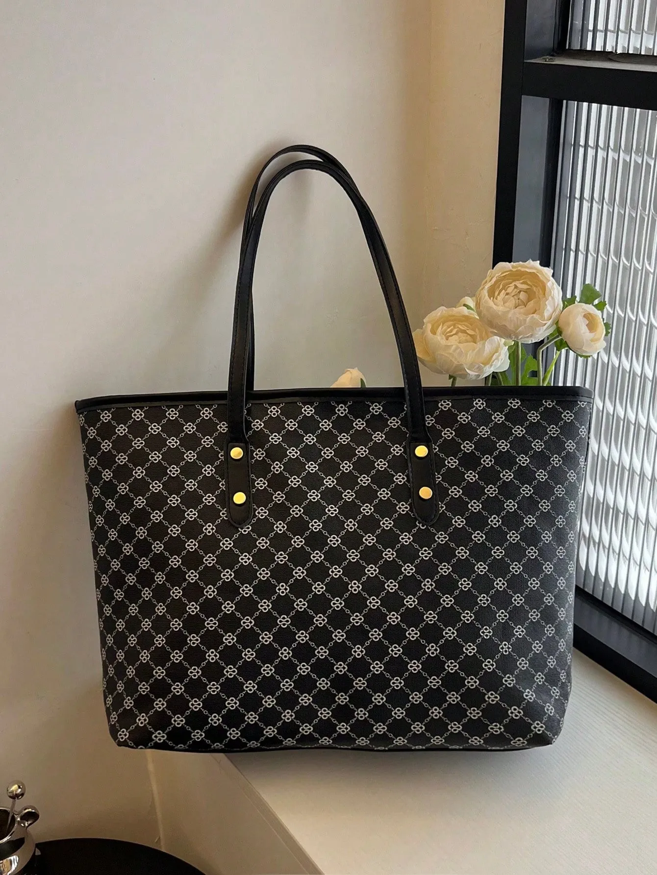 1pc Simple Black Nylon Butterfly Print Rivet Decor Large Capacity Tote Shoulder Handbag For Women