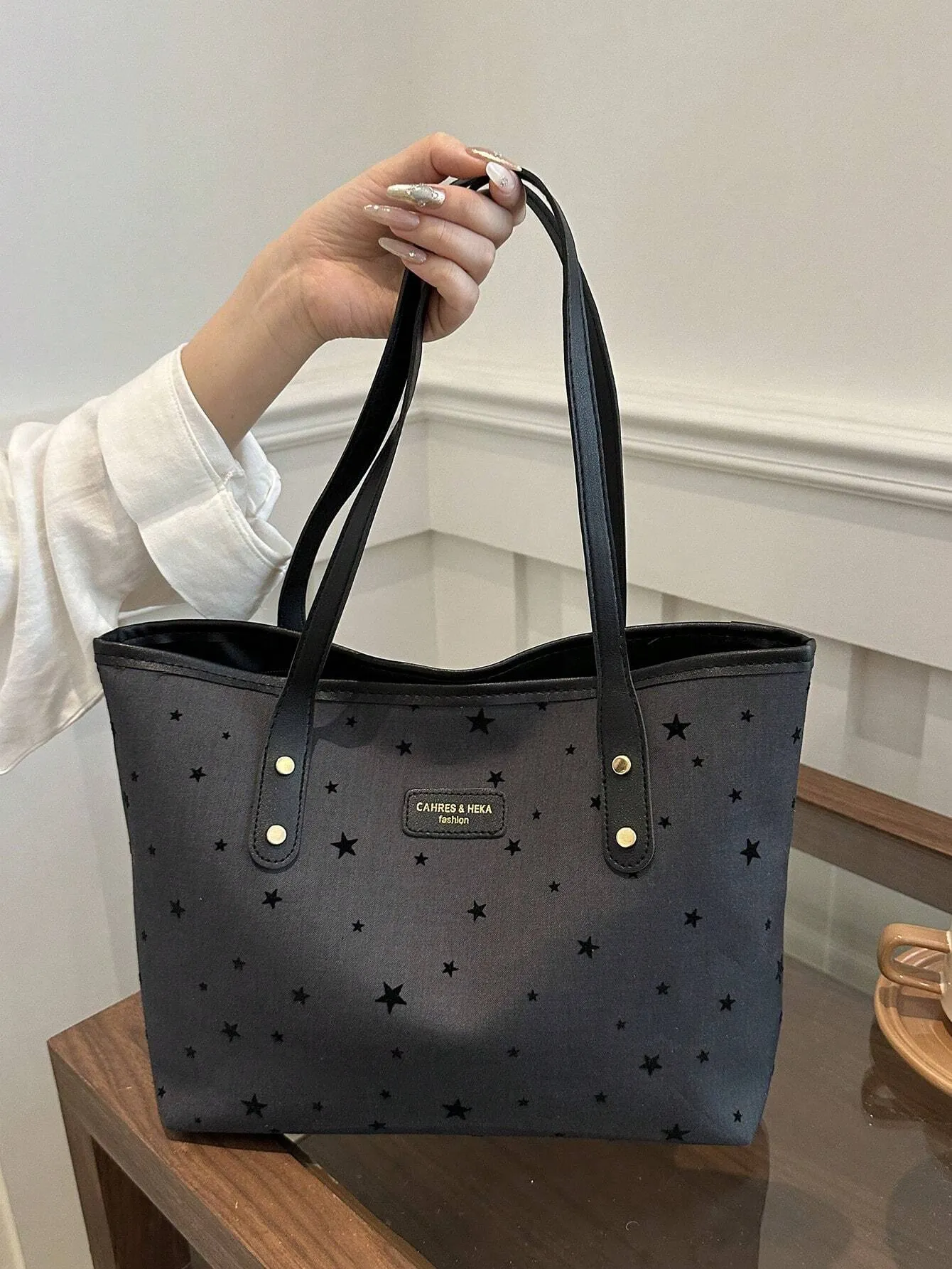 1pc Simple Black Nylon Butterfly Print Rivet Decor Large Capacity Tote Shoulder Handbag For Women