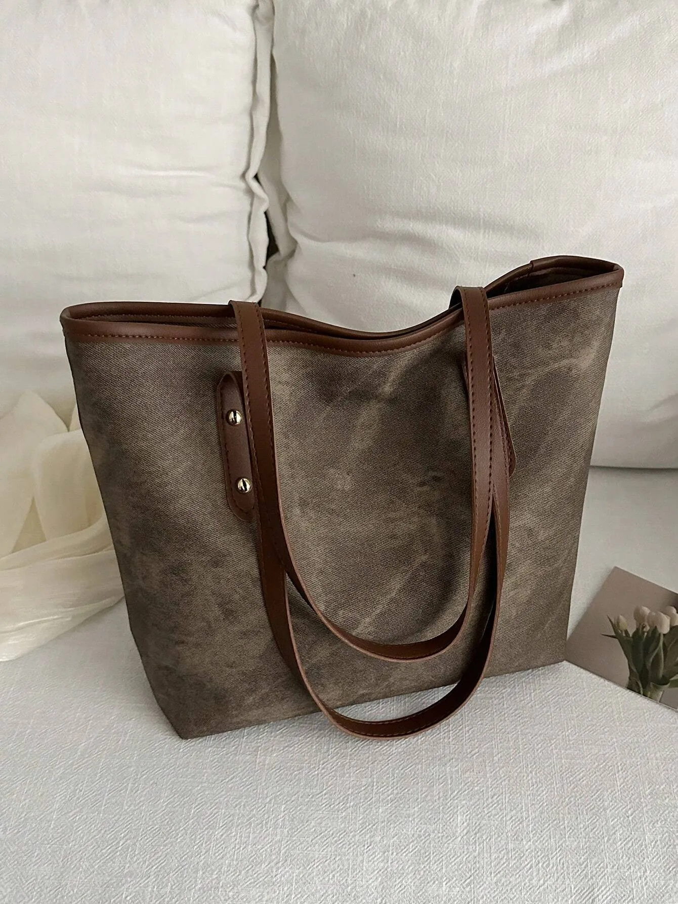 1pc Simple Black Nylon Butterfly Print Rivet Decor Large Capacity Tote Shoulder Handbag For Women