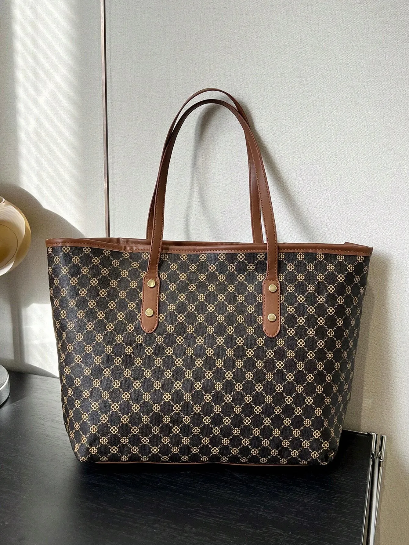 1pc Simple Black Nylon Butterfly Print Rivet Decor Large Capacity Tote Shoulder Handbag For Women