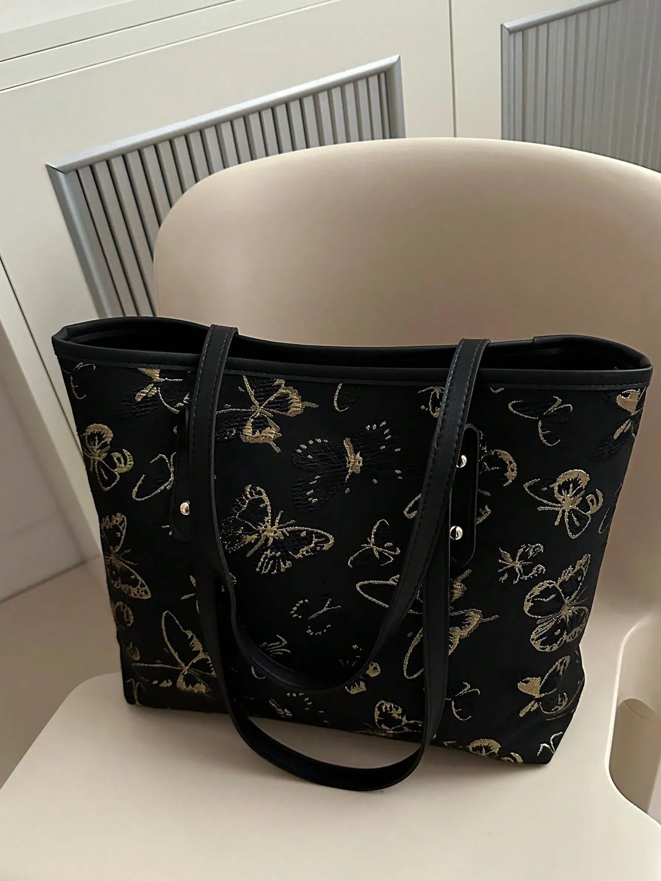 1pc Simple Black Nylon Butterfly Print Rivet Decor Large Capacity Tote Shoulder Handbag For Women