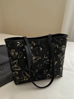 1pc Simple Black Nylon Butterfly Print Rivet Decor Large Capacity Tote Shoulder Handbag For Women