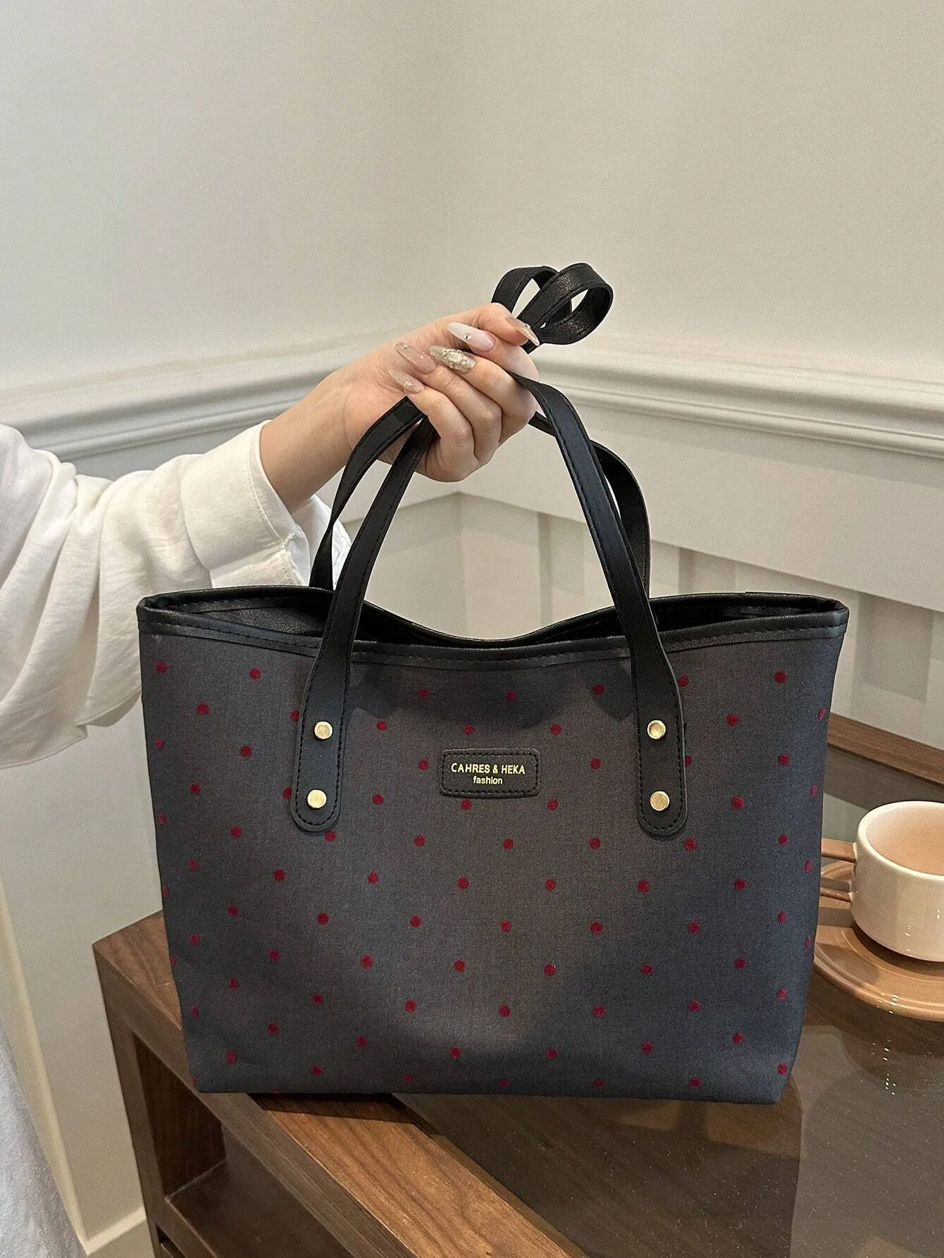 1pc Simple Black Nylon Butterfly Print Rivet Decor Large Capacity Tote Shoulder Handbag For Women