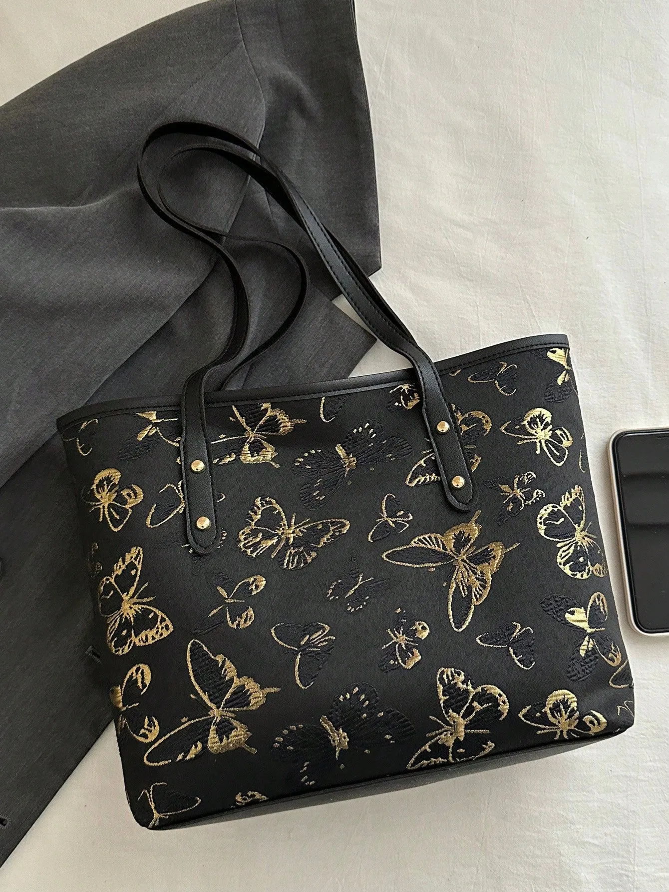 1pc Simple Black Nylon Butterfly Print Rivet Decor Large Capacity Tote Shoulder Handbag For Women