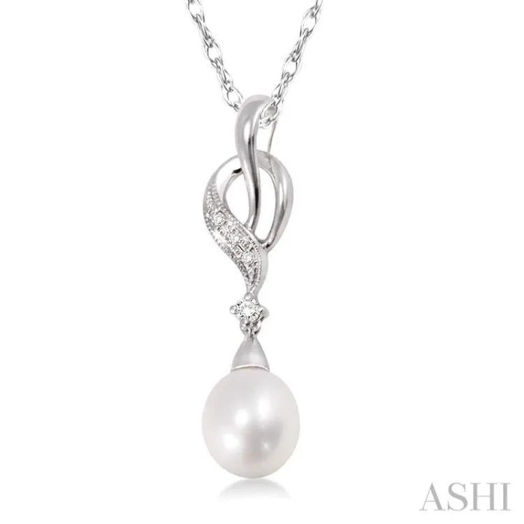 9x7MM Briolette Cut Cultured Pearl and 1/20 Ctw Round Cut Diamond Drop Pendant in 10K White Gold with Chain