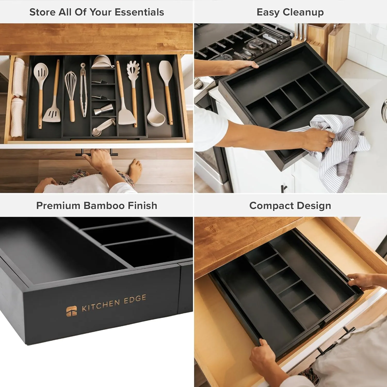 Bamboo Utensils & Junk Drawer Organizer - Black Finish (Expands 15.75-28in)