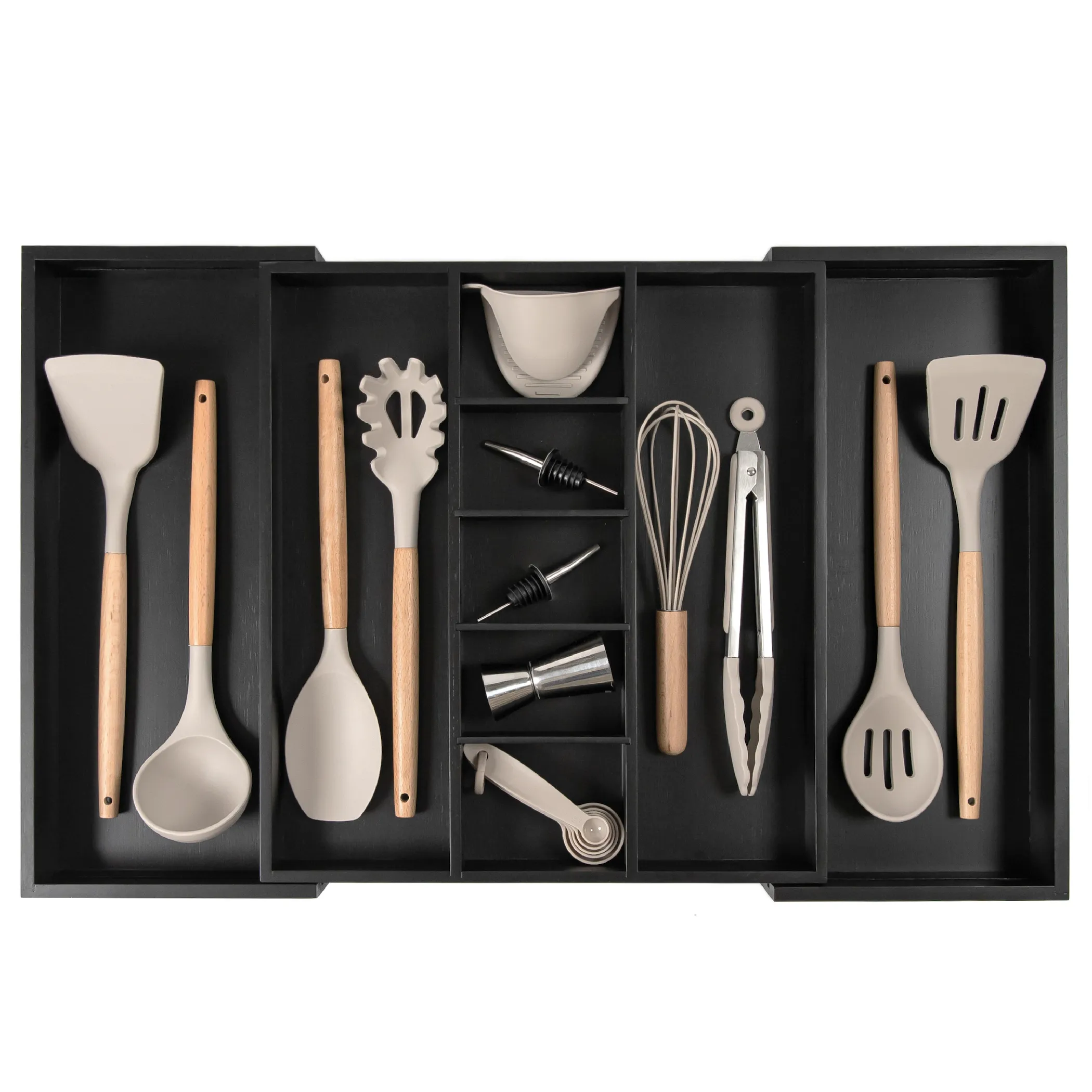 Bamboo Utensils & Junk Drawer Organizer - Black Finish (Expands 15.75-28in)