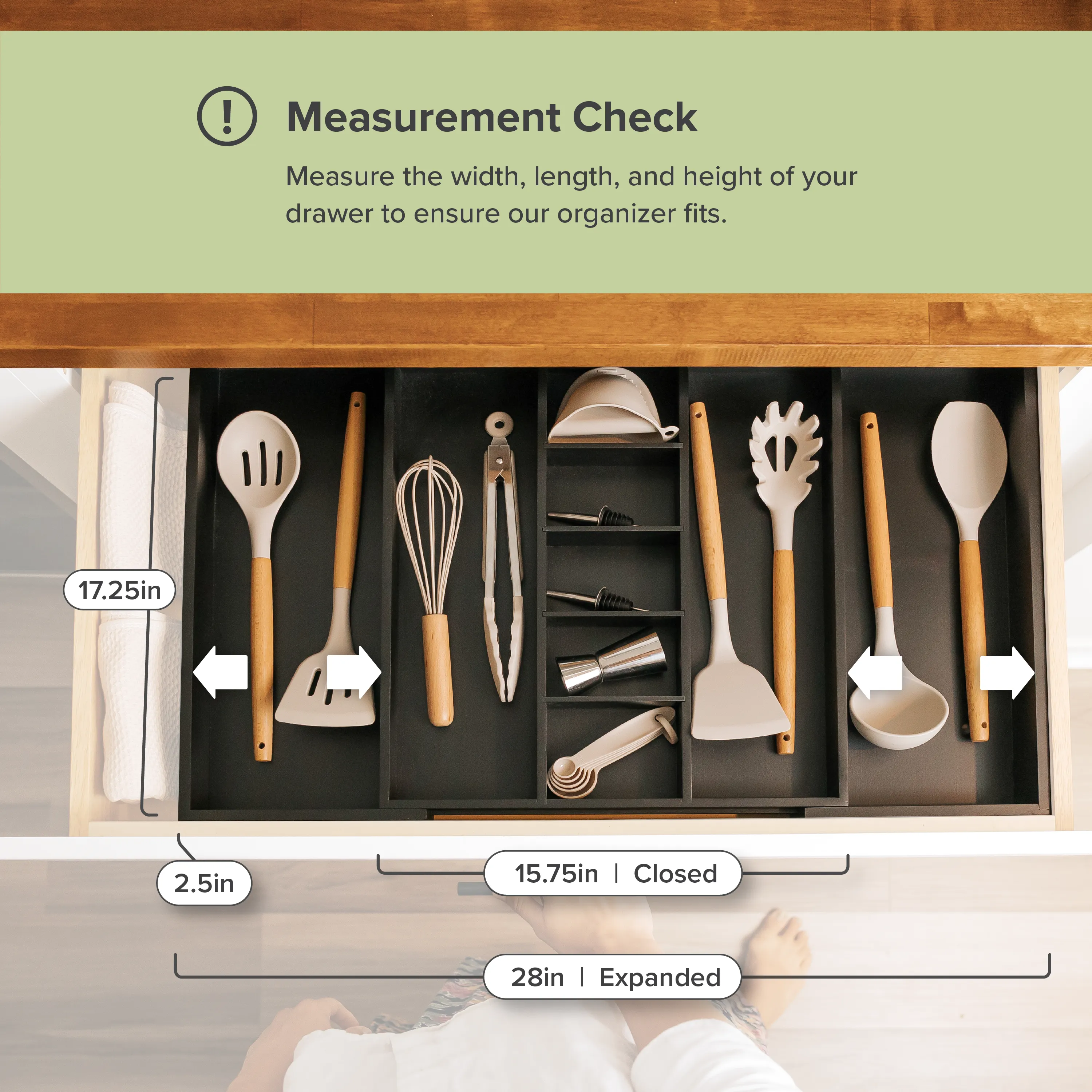 Bamboo Utensils & Junk Drawer Organizer - Black Finish (Expands 15.75-28in)