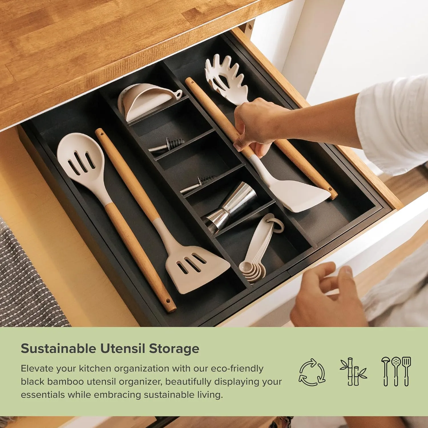 Bamboo Utensils & Junk Drawer Organizer - Black Finish (Expands 15.75-28in)