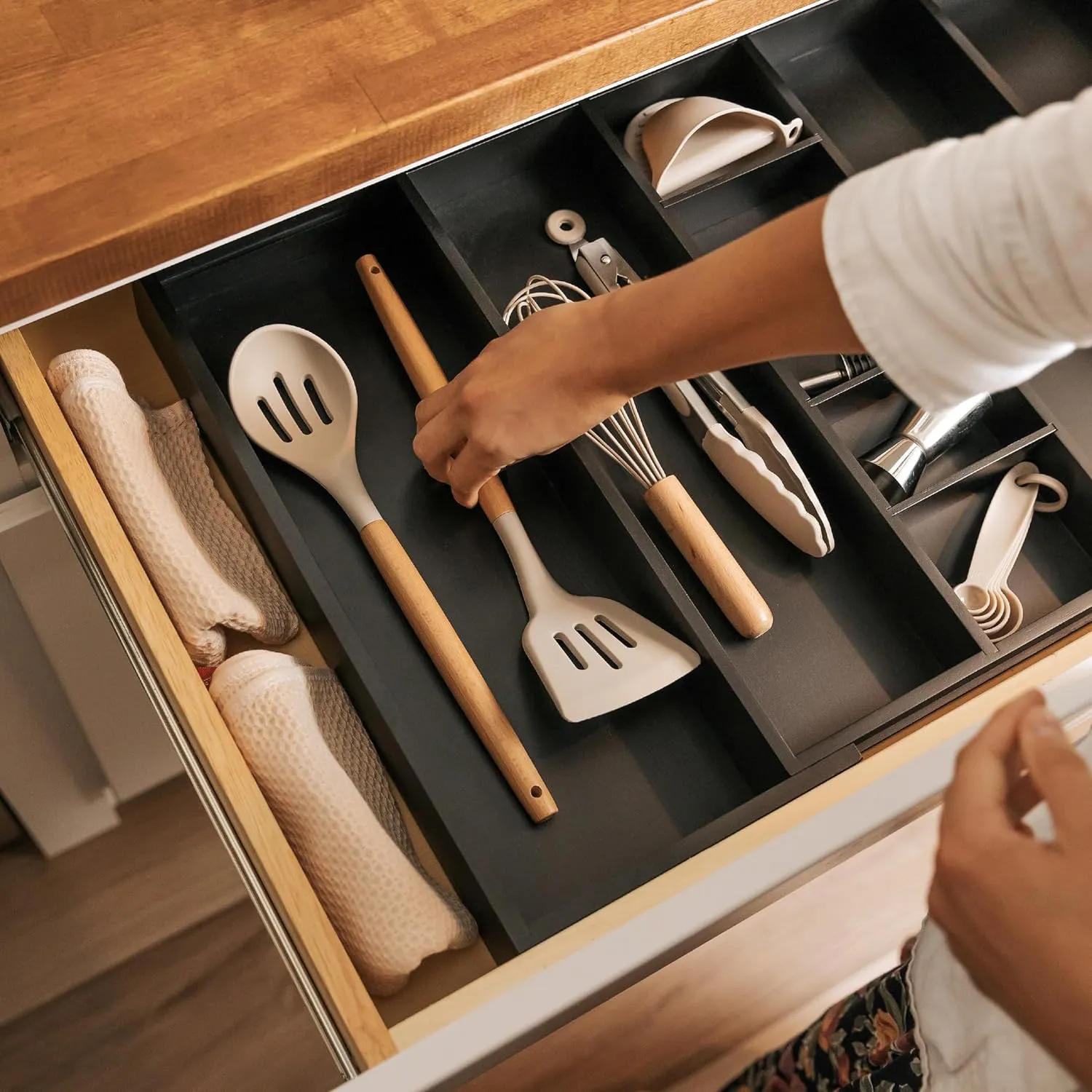 Bamboo Utensils & Junk Drawer Organizer - Black Finish (Expands 15.75-28in)