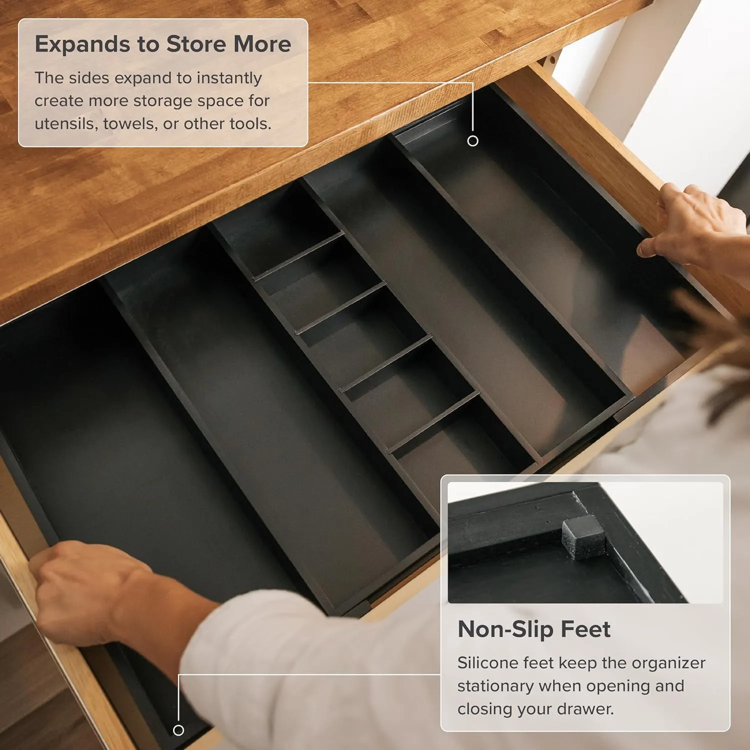 Bamboo Utensils & Junk Drawer Organizer - Black Finish (Expands 15.75-28in)