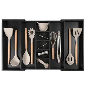 Bamboo Utensils & Junk Drawer Organizer - Black Finish (Expands 15.75-28in)