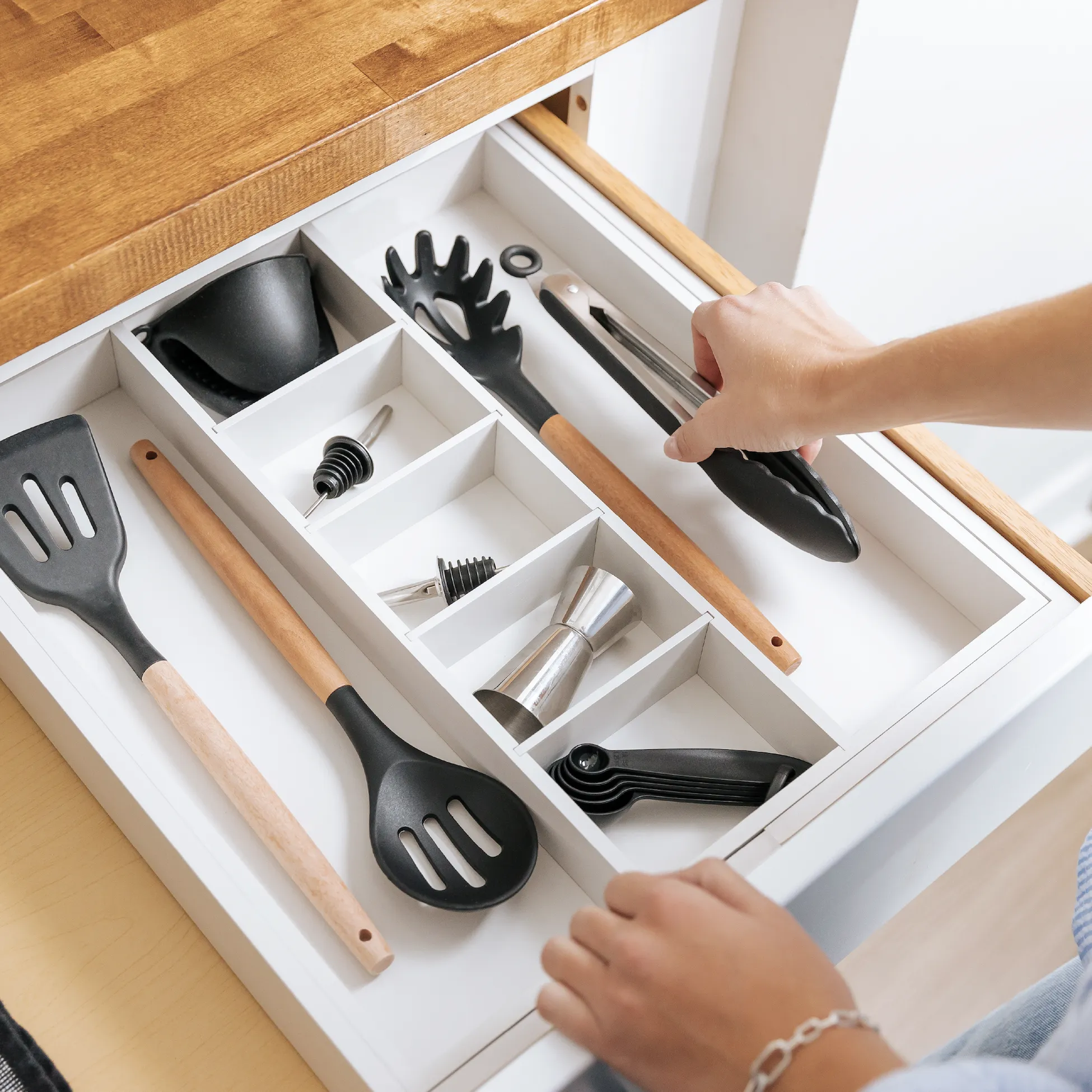 Bamboo Utensils & Junk Drawer Organizer - White Finish (Expands 15.75-28in)