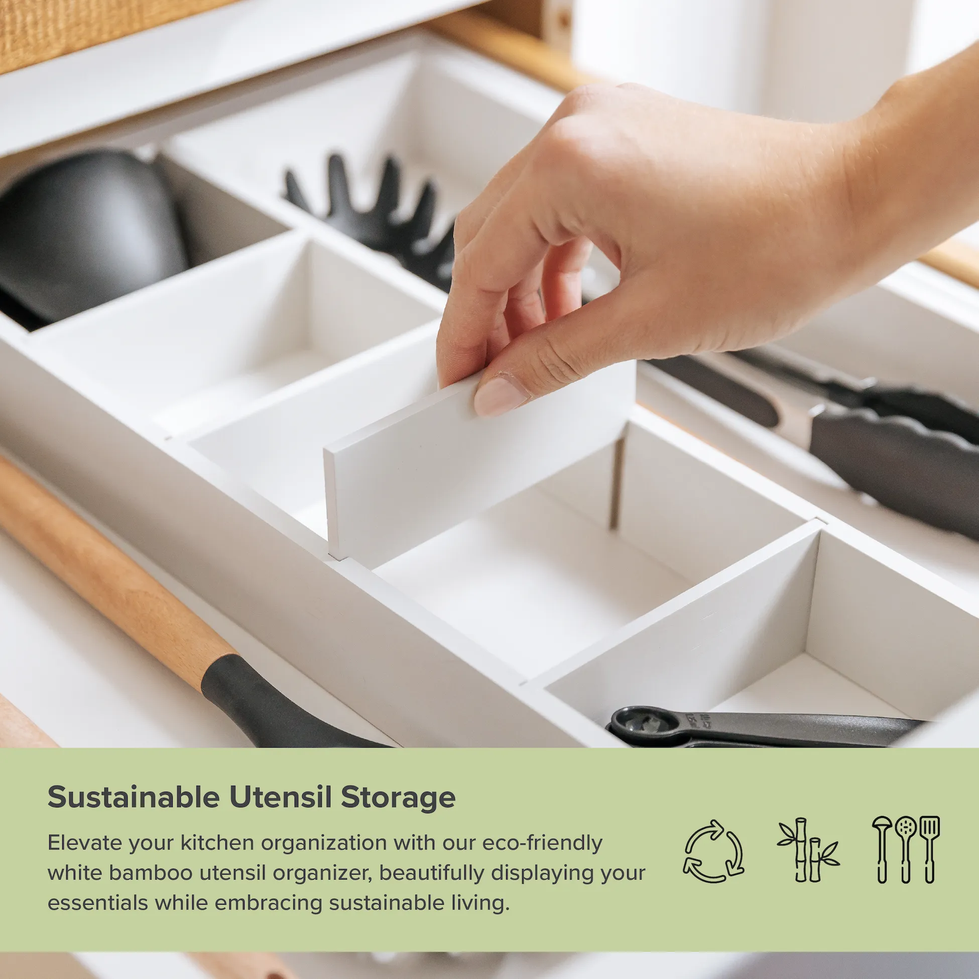 Bamboo Utensils & Junk Drawer Organizer - White Finish (Expands 15.75-28in)