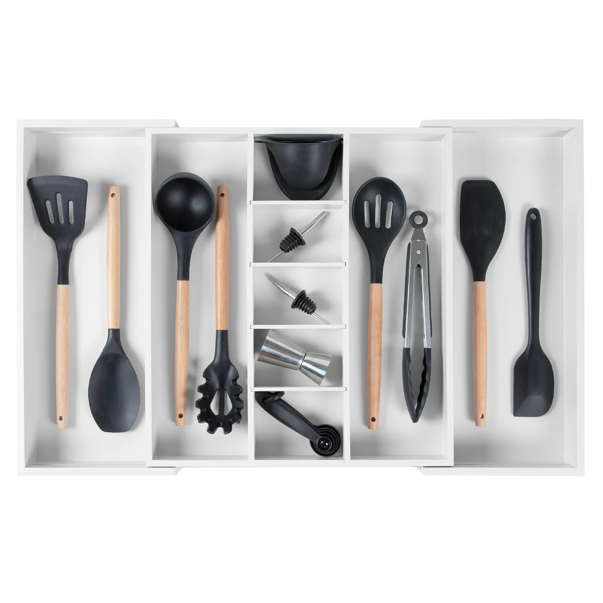 Bamboo Utensils & Junk Drawer Organizer - White Finish (Expands 15.75-28in)