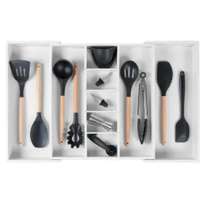 Bamboo Utensils & Junk Drawer Organizer - White Finish (Expands 15.75-28in)