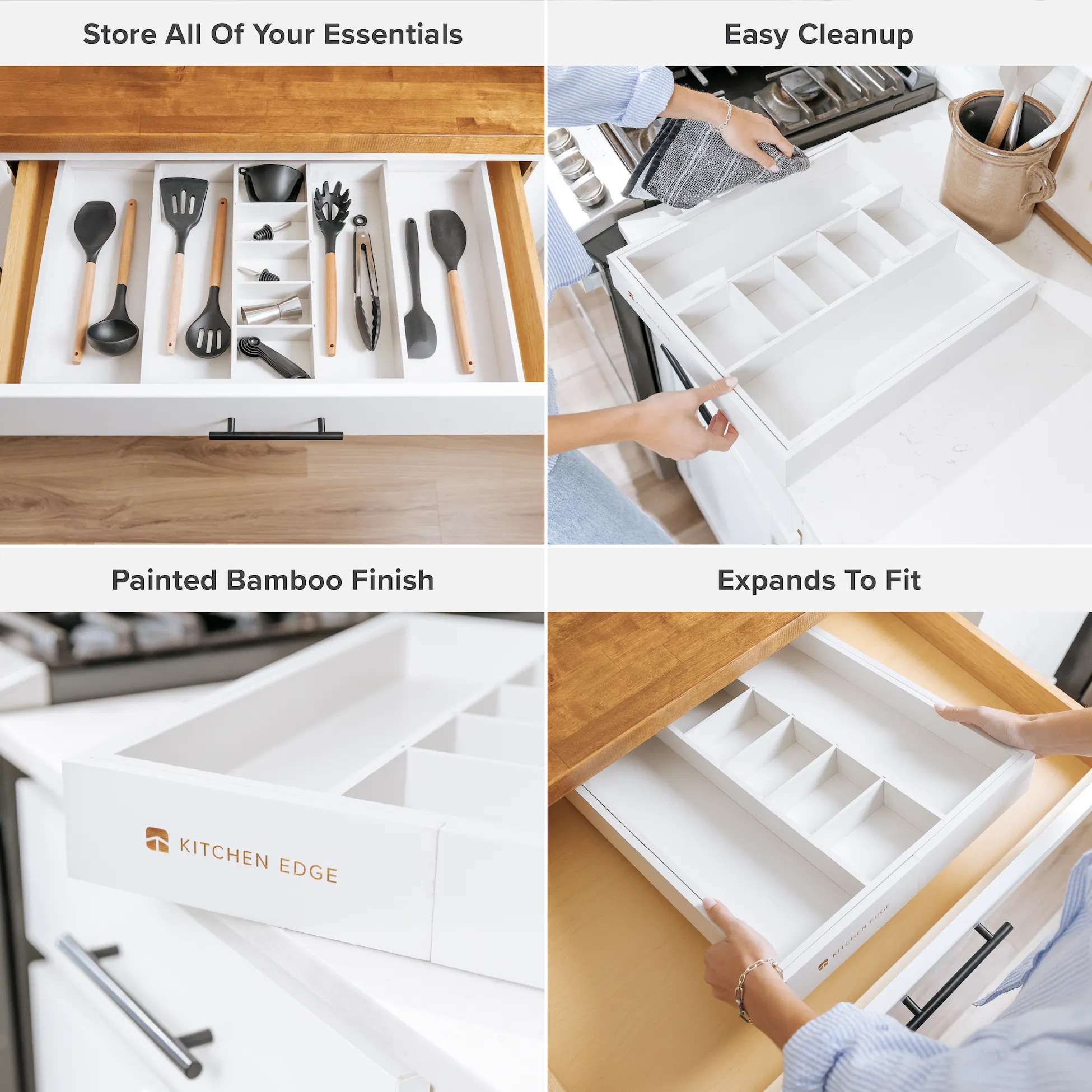 Bamboo Utensils & Junk Drawer Organizer - White Finish (Expands 15.75-28in)