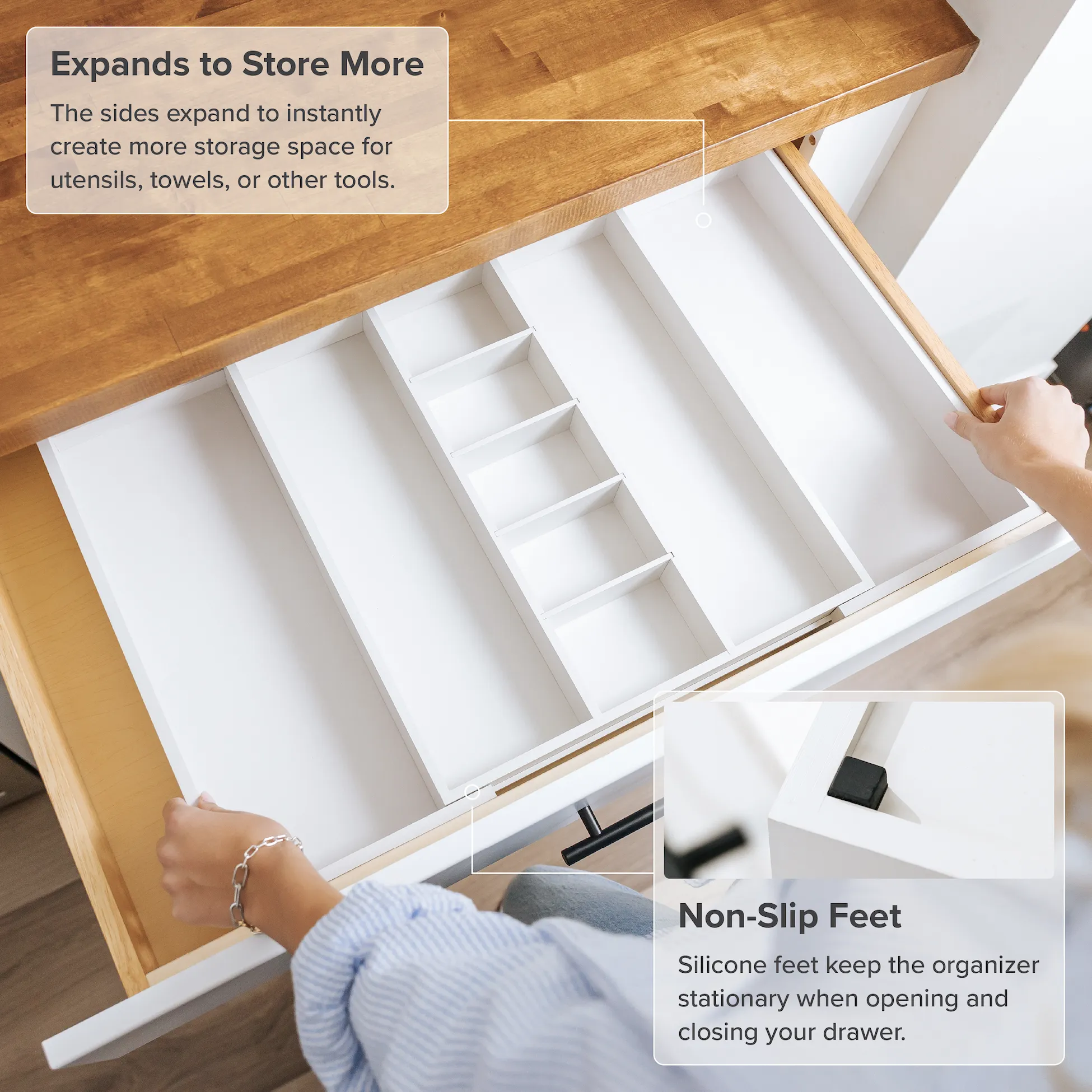 Bamboo Utensils & Junk Drawer Organizer - White Finish (Expands 15.75-28in)