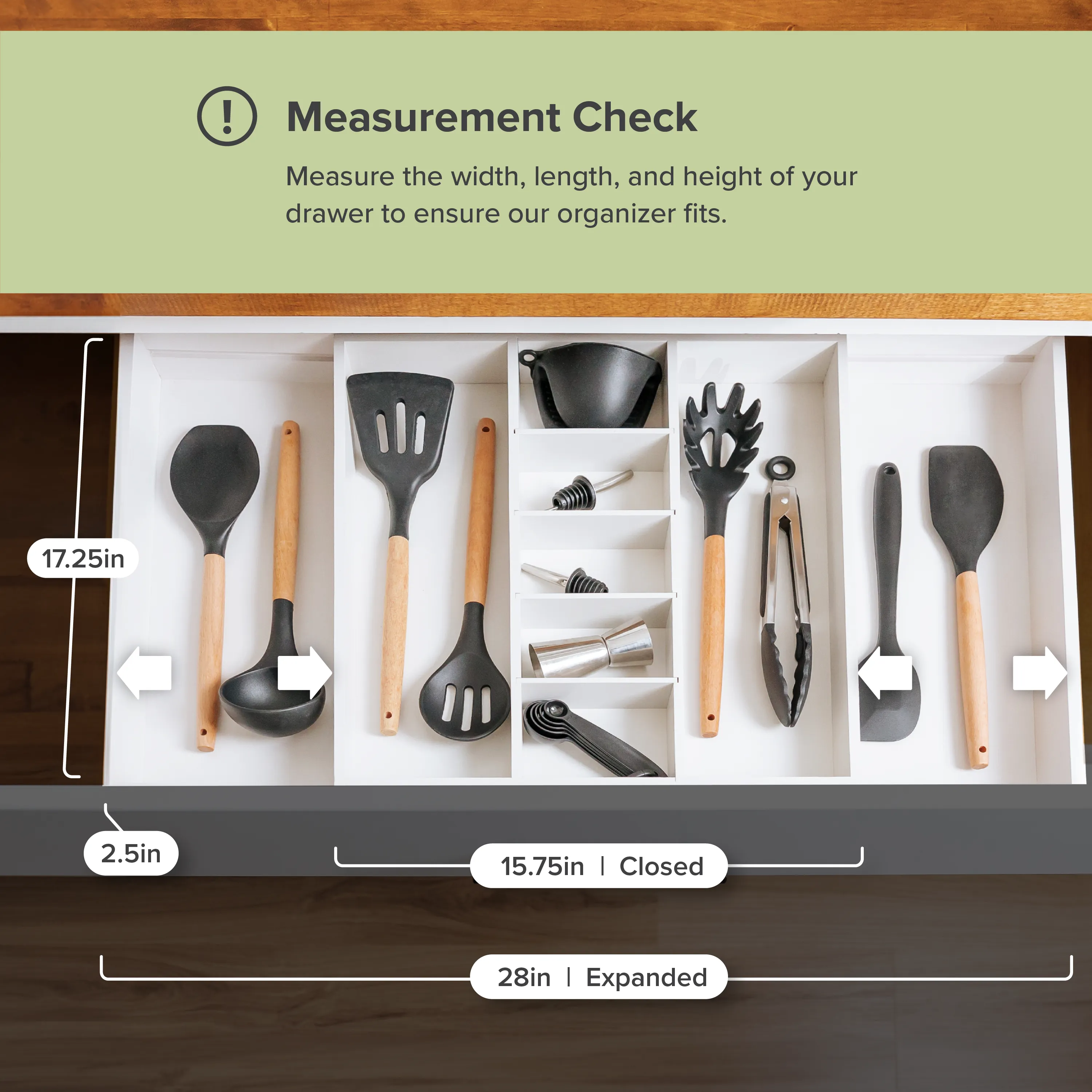 Bamboo Utensils & Junk Drawer Organizer - White Finish (Expands 15.75-28in)