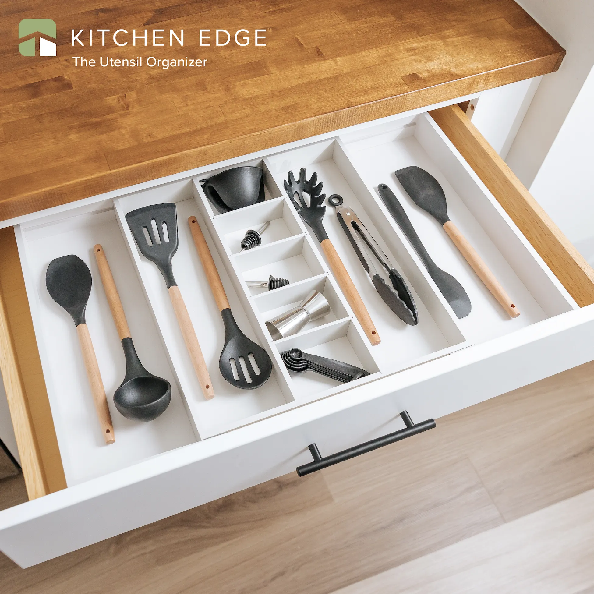 Bamboo Utensils & Junk Drawer Organizer - White Finish (Expands 15.75-28in)
