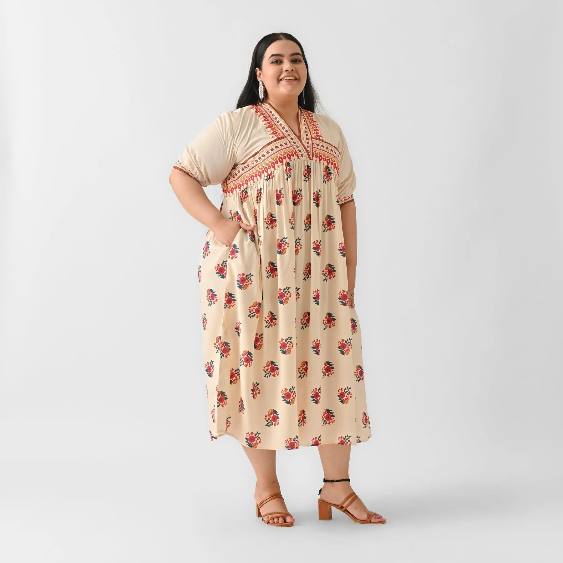 Beige & Pink V Neck Gathered Dress - SOM