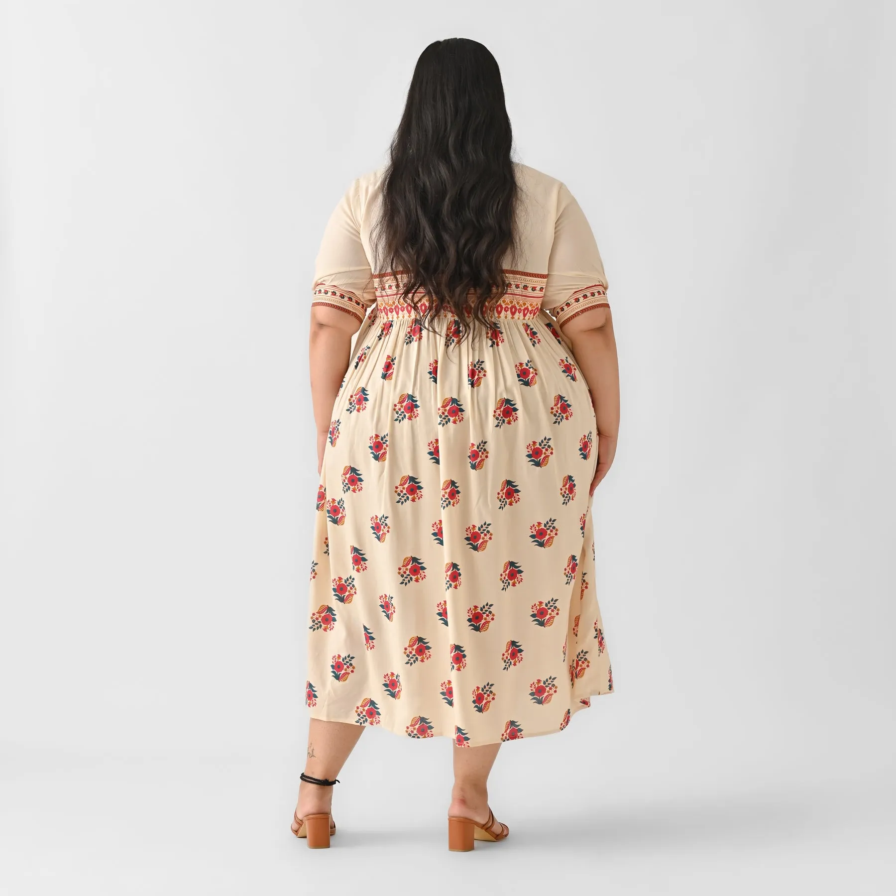 Beige & Pink V Neck Gathered Dress - SOM