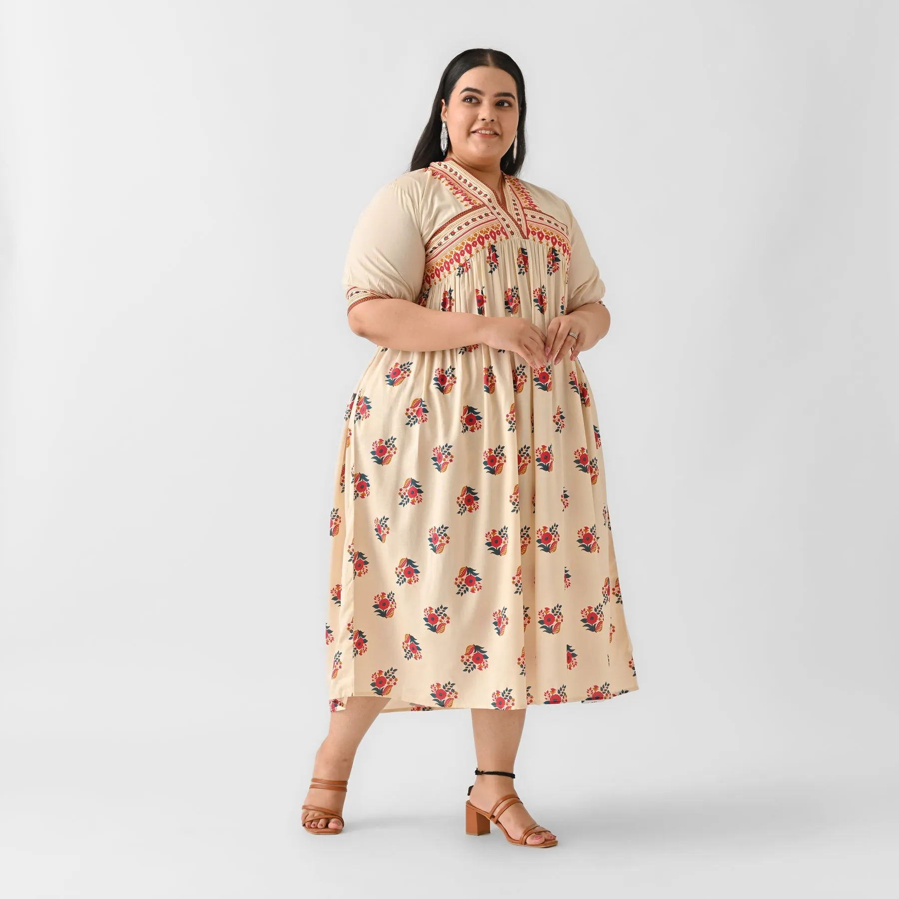 Beige & Pink V Neck Gathered Dress - SOM