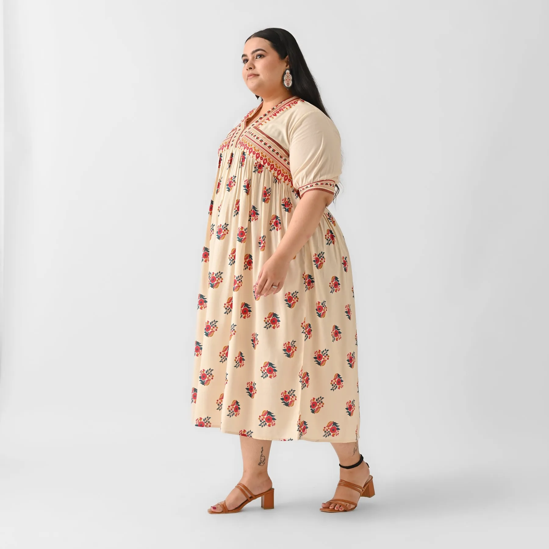 Beige & Pink V Neck Gathered Dress - SOM