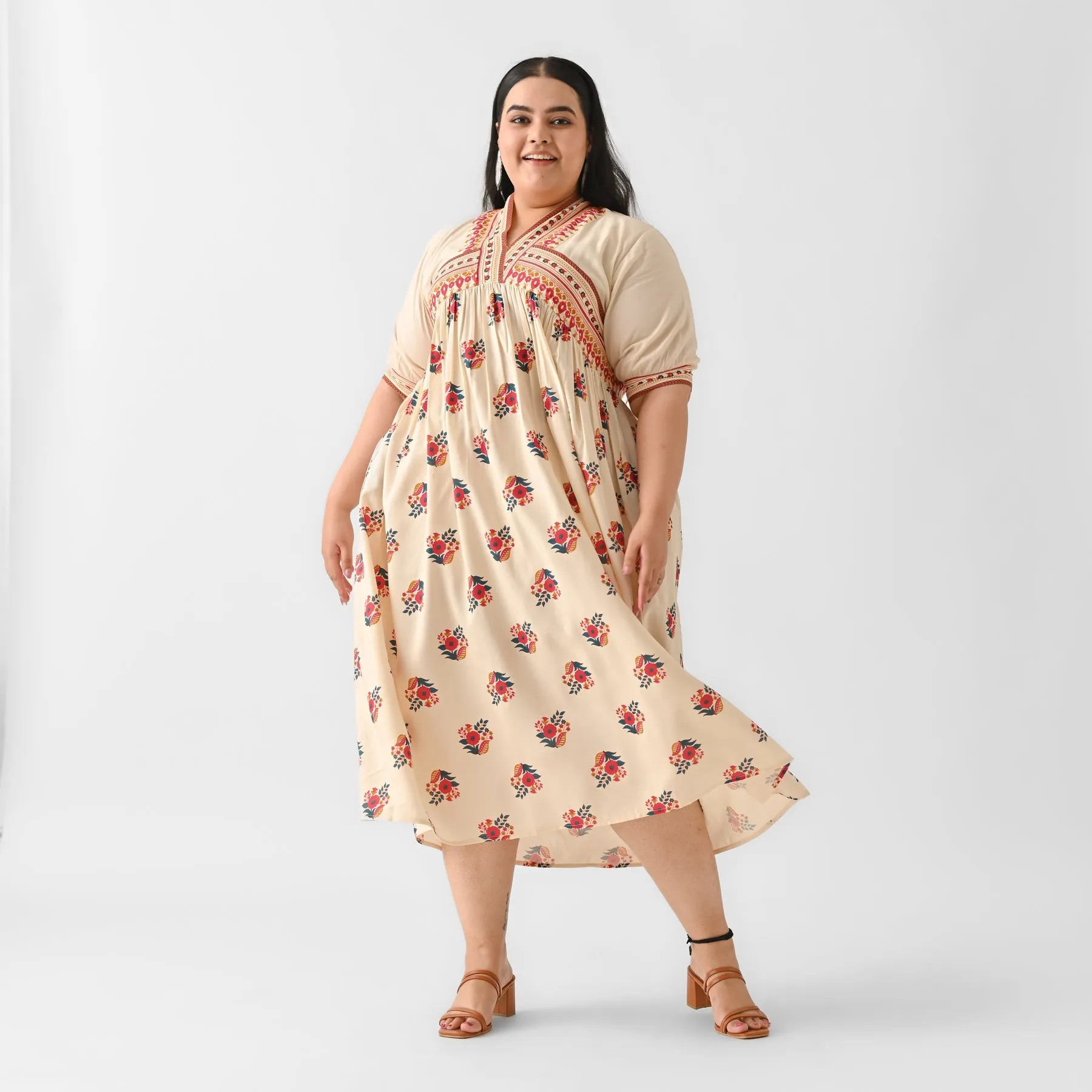Beige & Pink V Neck Gathered Dress - SOM