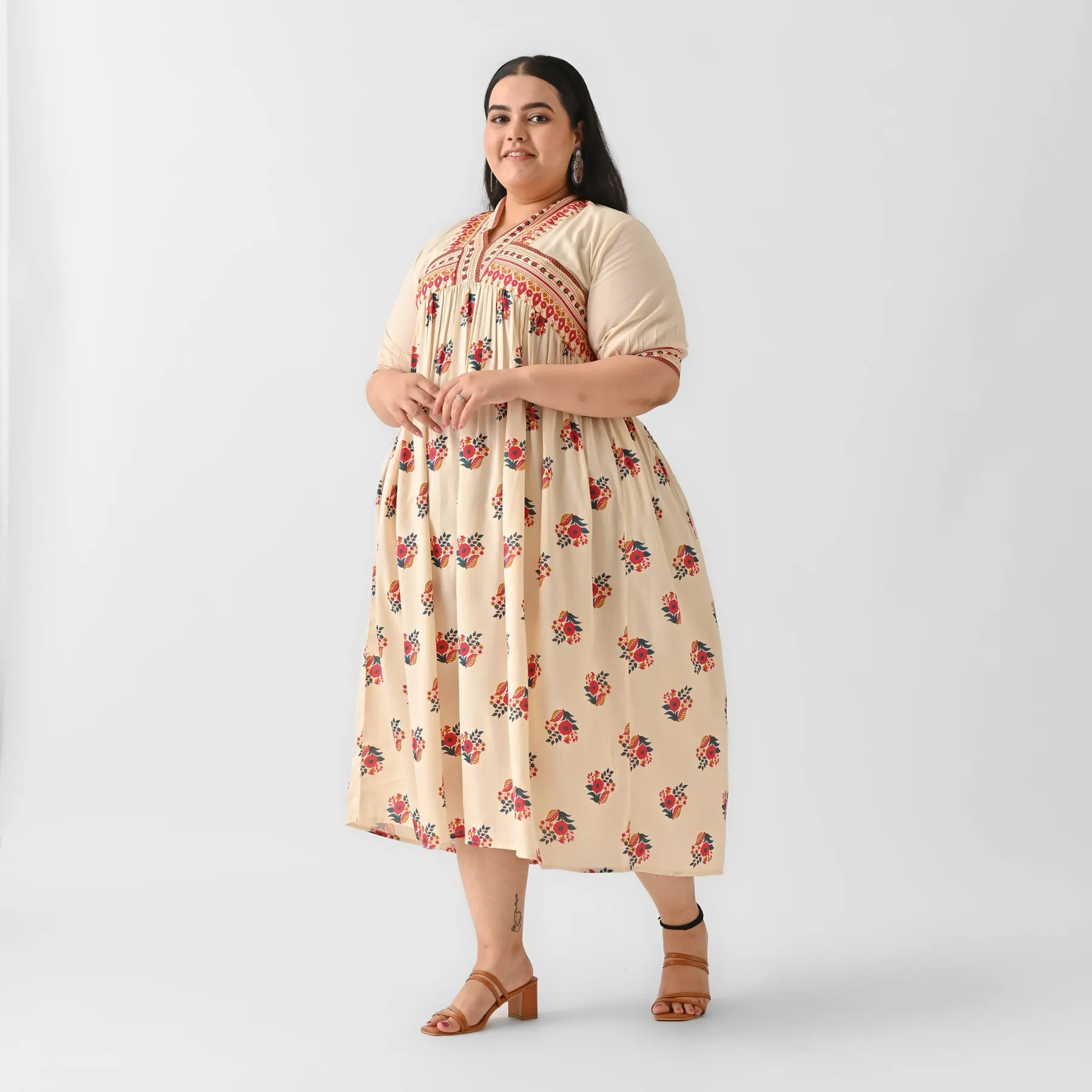 Beige & Pink V Neck Gathered Dress - SOM