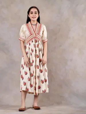 Beige & Pink V Neck Gathered Dress