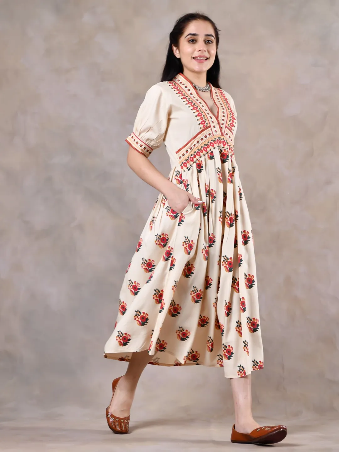 Beige & Pink V Neck Gathered Dress