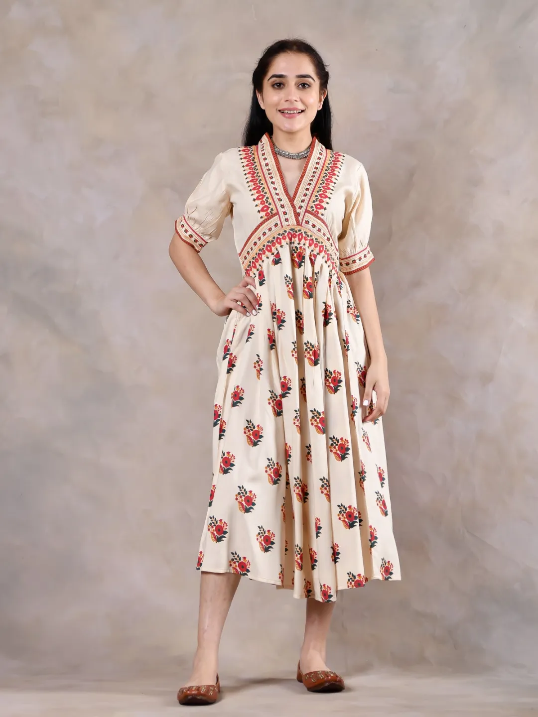 Beige & Pink V Neck Gathered Dress