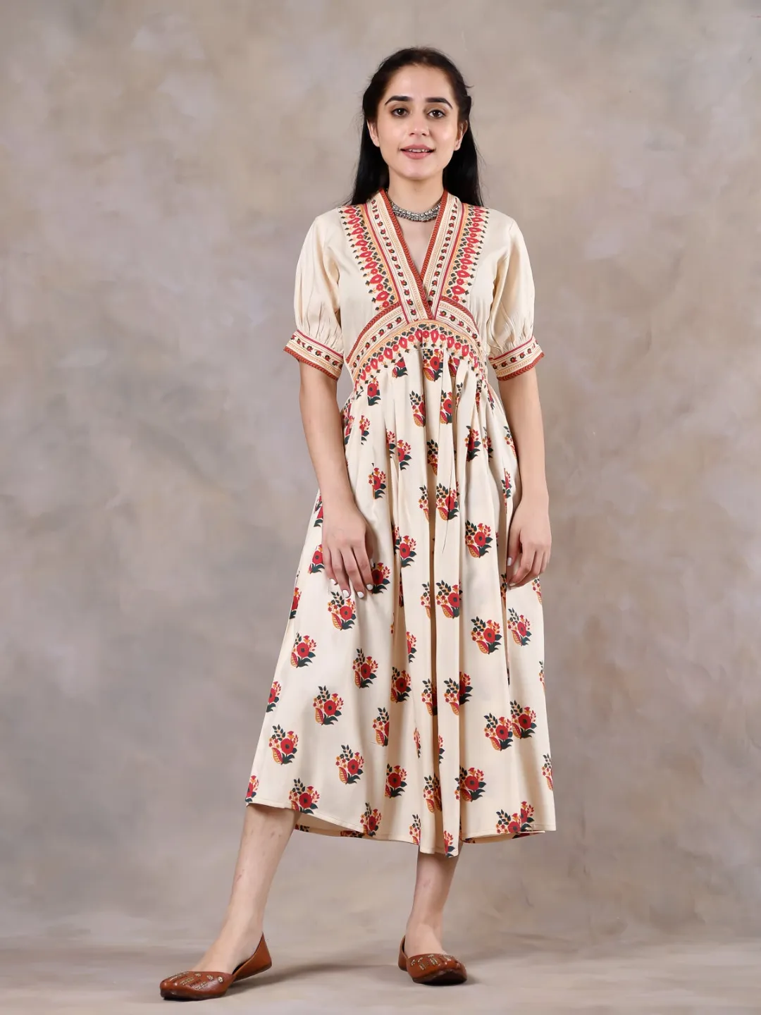 Beige & Pink V Neck Gathered Dress