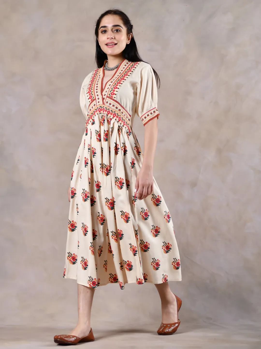Beige & Pink V Neck Gathered Dress