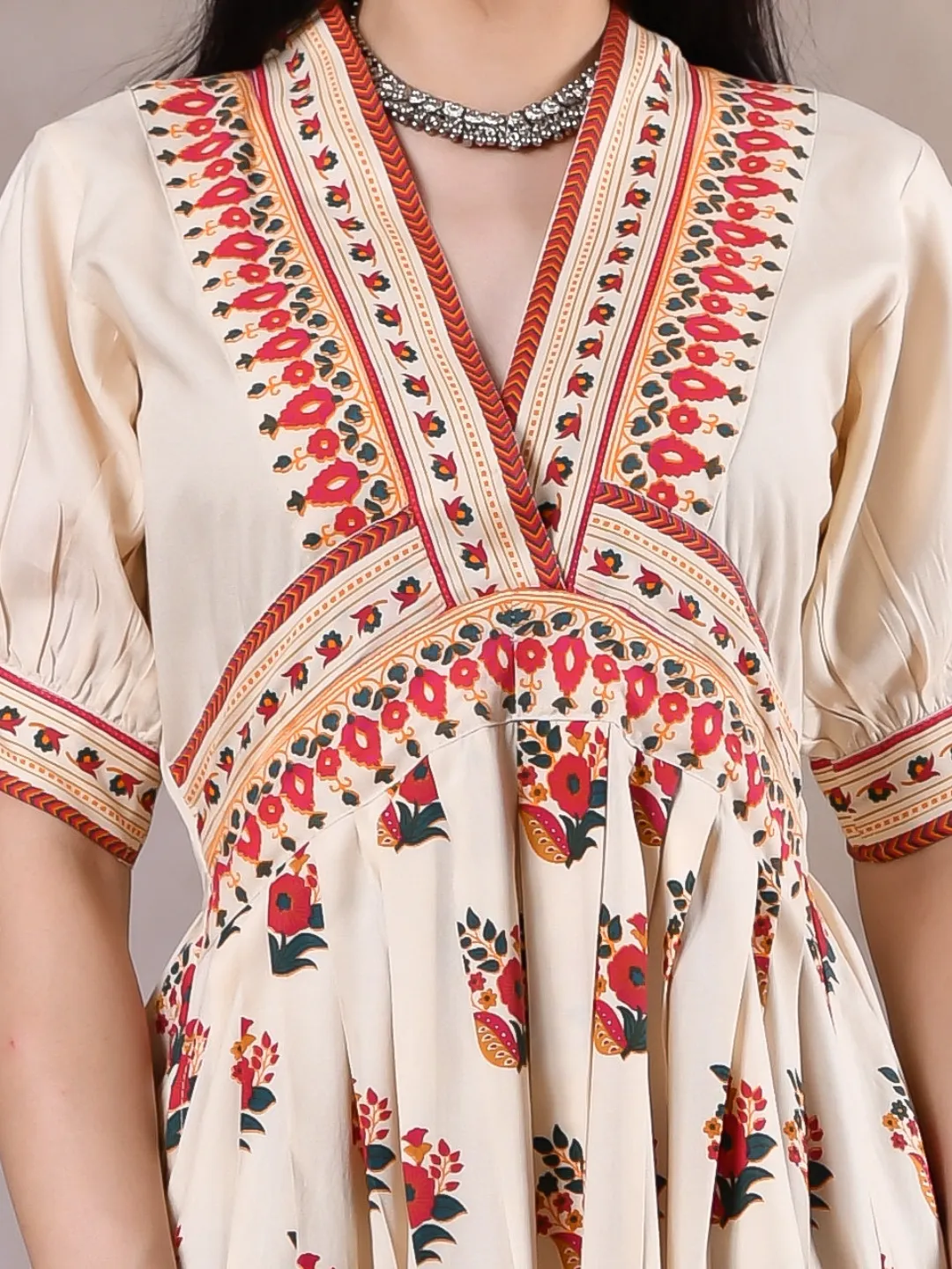 Beige & Pink V Neck Gathered Dress