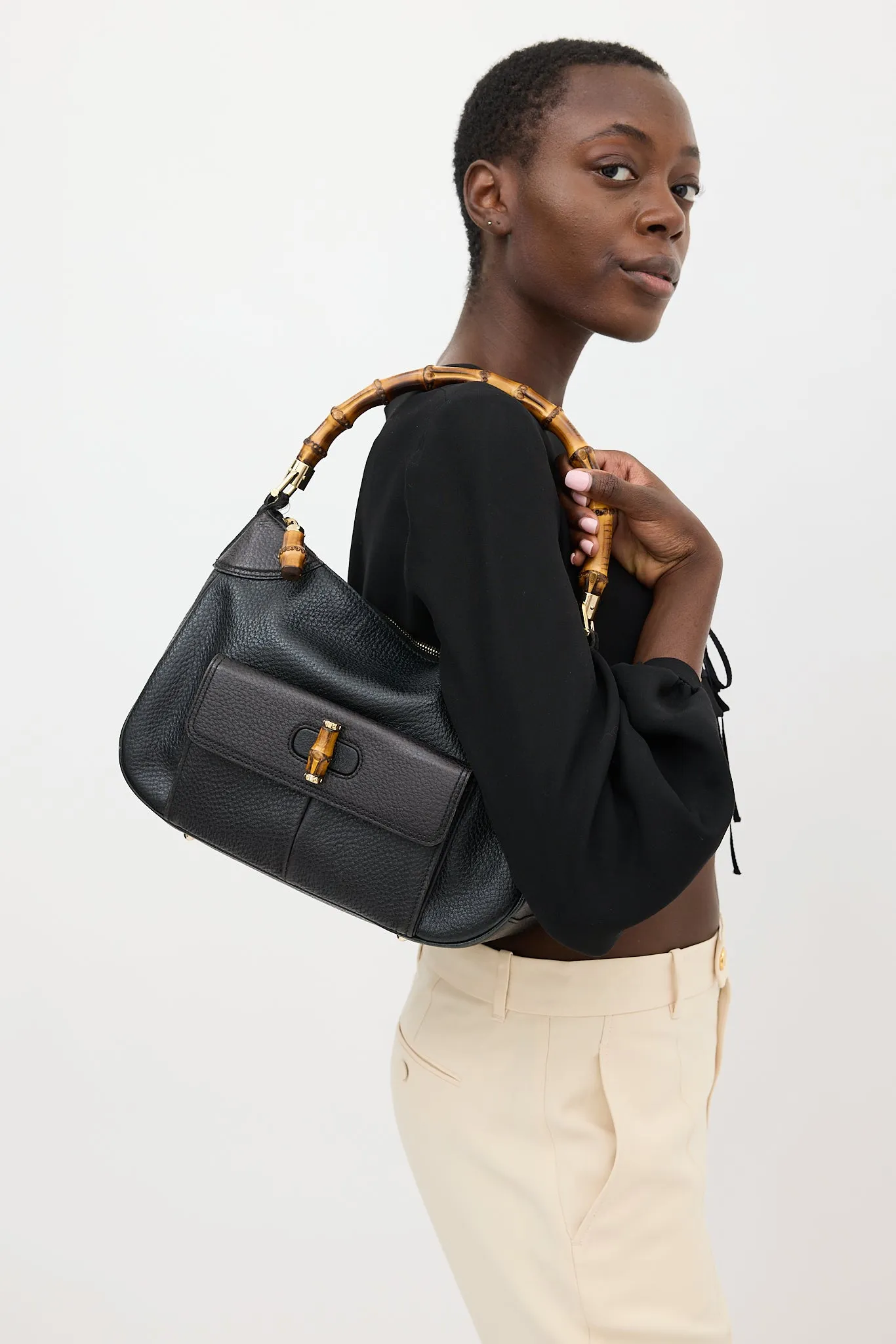 Black Leather Bamboo Shoulder Bag