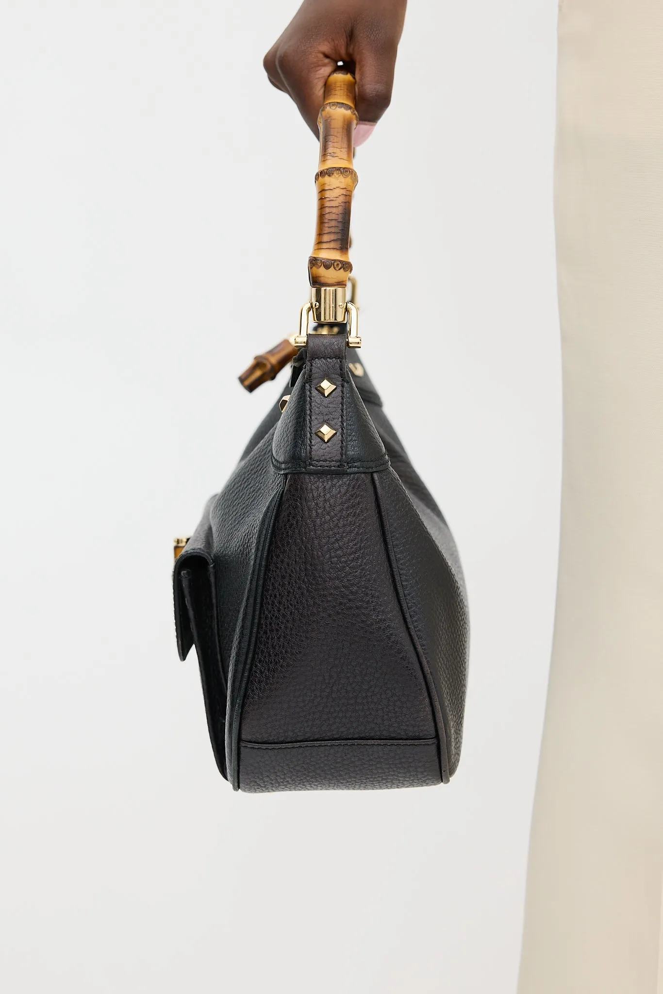 Black Leather Bamboo Shoulder Bag