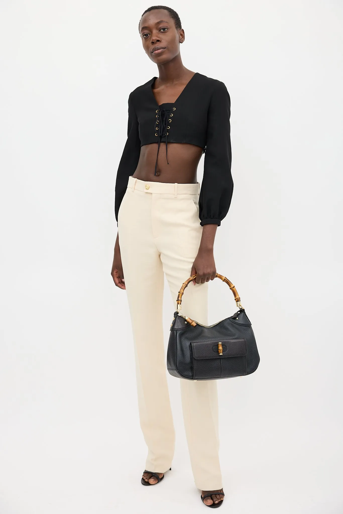 Black Leather Bamboo Shoulder Bag