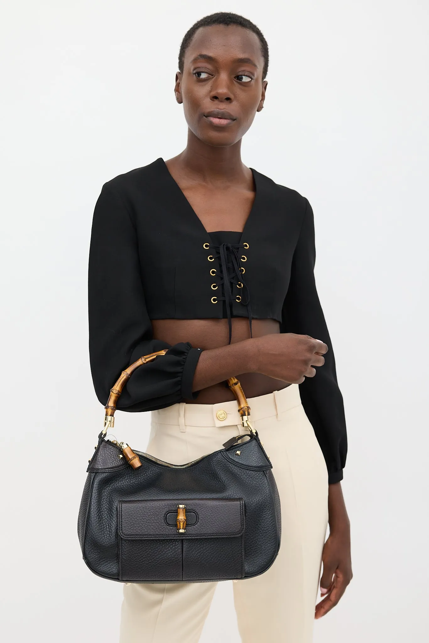 Black Leather Bamboo Shoulder Bag