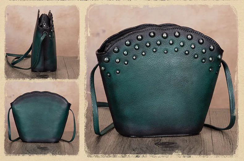 Boho Womens Rivets Genuine Leather Crossbody Bag Shoulder Purse For Women