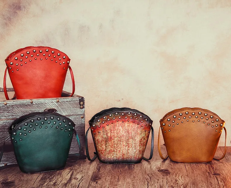 Boho Womens Rivets Genuine Leather Crossbody Bag Shoulder Purse For Women