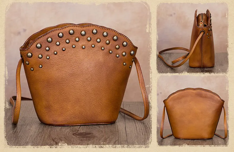Boho Womens Rivets Genuine Leather Crossbody Bag Shoulder Purse For Women